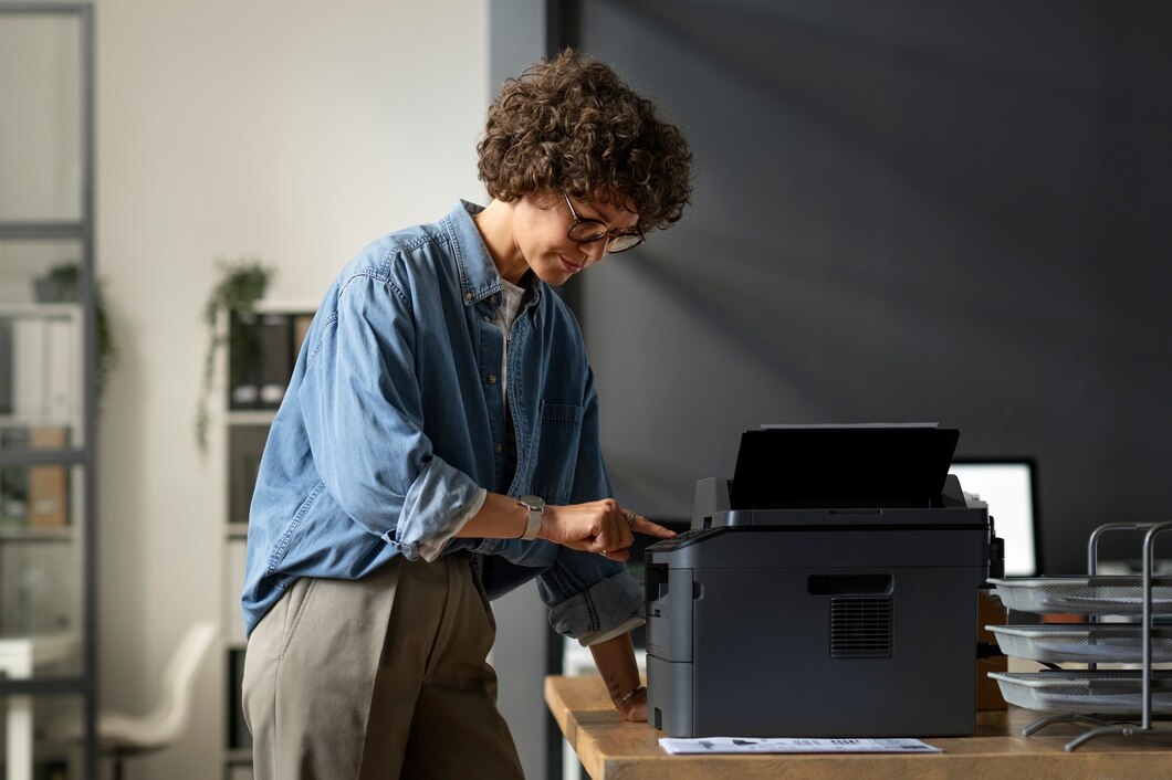 Customer using a printer in a home office workspace